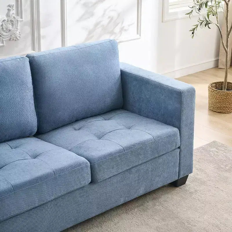 Canapé 3 places en chenille beige/bleue avec poches de rangement latérales, 226 cm