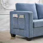 Canapé 3 places en chenille beige/bleue avec poches de rangement latérales, 226 cm