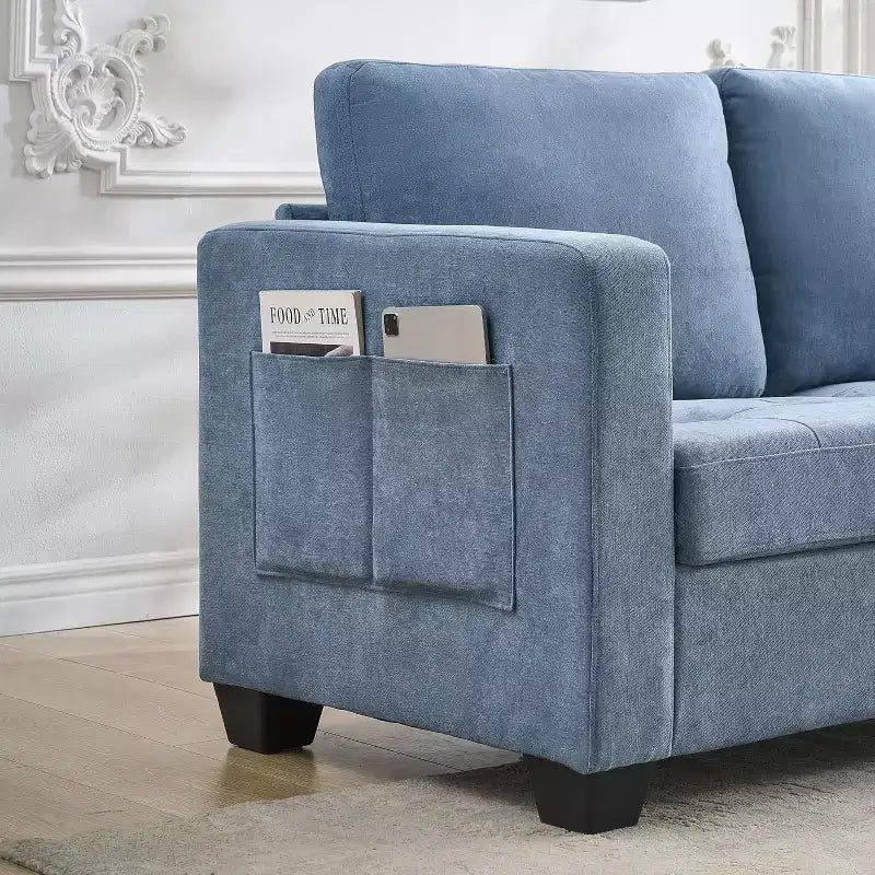 Canapé 3 places en chenille beige/bleue avec poches de rangement latérales, 226 cm