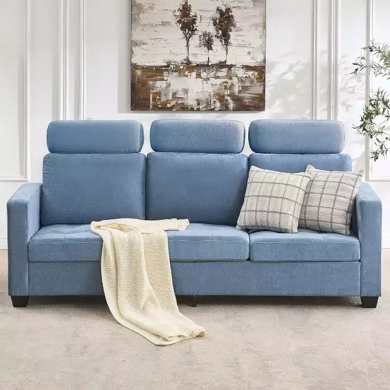 Canapé 3 places en chenille beige/bleue avec poches de rangement latérales, 226 cm