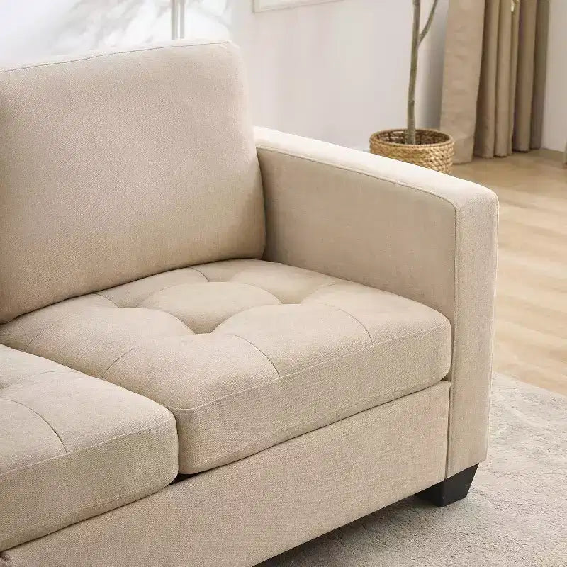 Canapé 3 places en chenille beige/bleue avec poches de rangement latérales, 226 cm