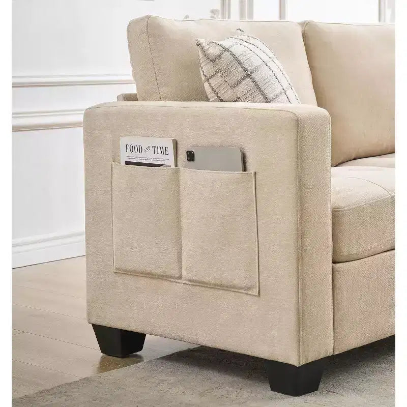 Canapé 3 places en chenille beige/bleue avec poches de rangement latérales, 226 cm