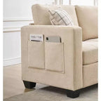 Canapé 3 places en chenille beige/bleue avec poches de rangement latérales, 226 cm