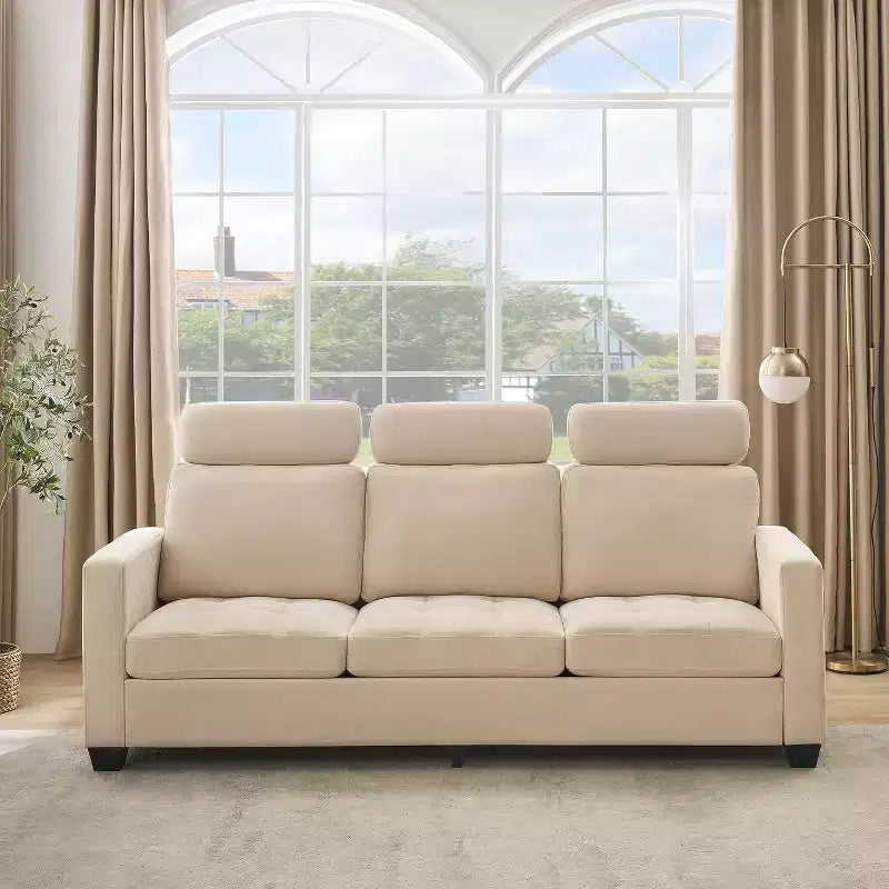 Canapé 3 places en chenille beige/bleue avec poches de rangement latérales, 226 cm