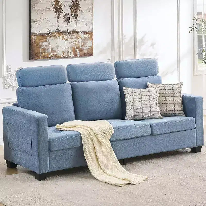 Canapé 3 places en chenille beige/bleue avec poches de rangement latérales, 226 cm