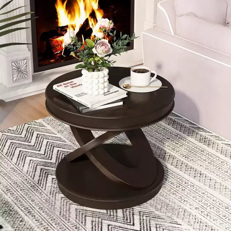 Table d'appoint ronde marron expresso avec cadre en X, 1 pièce