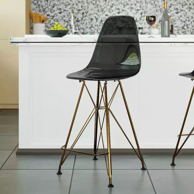 Tabouret de comptoir en acrylique transparent, base en acier doré, sans accoudoirs, dossier mi-hauteur, lot de 2