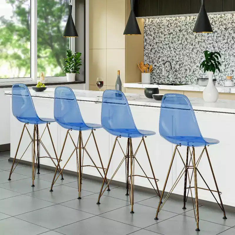Tabouret de comptoir en acrylique transparent, base en acier doré, sans accoudoirs, dossier mi-hauteur, lot de 2