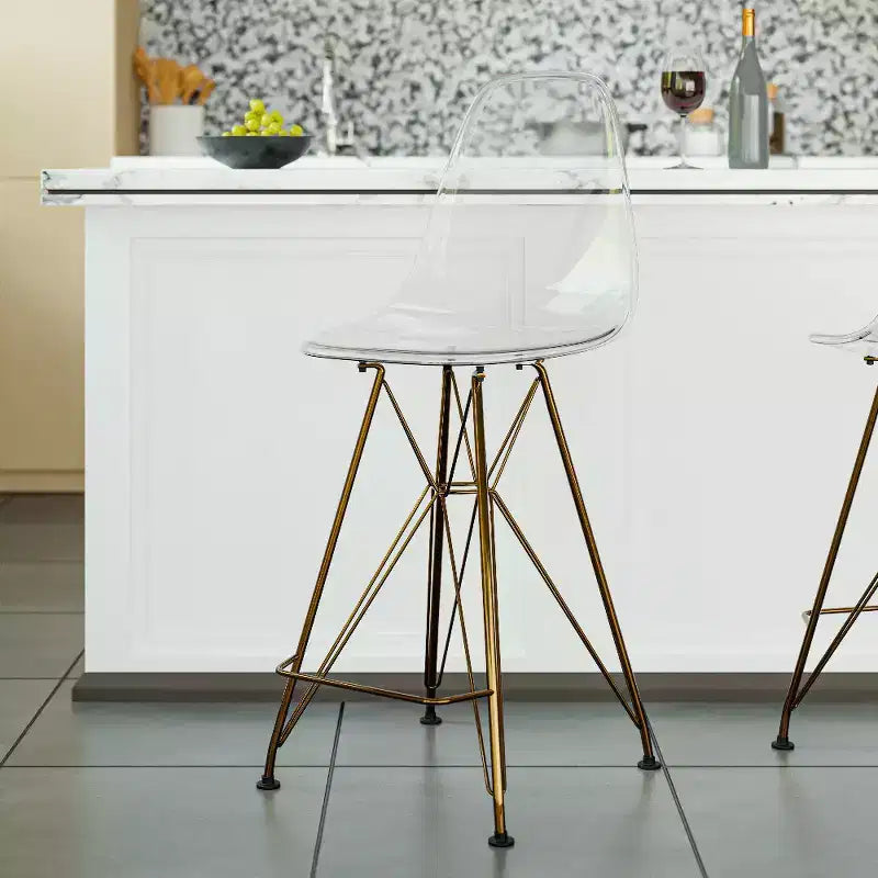 Tabouret de comptoir en acrylique transparent, base en acier doré, sans accoudoirs, dossier mi-hauteur, lot de 2