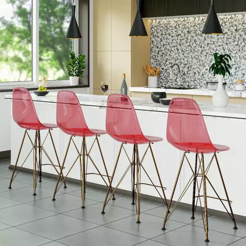 Tabouret de comptoir en acrylique transparent, base en acier doré, sans accoudoirs, dossier mi-hauteur, lot de 2