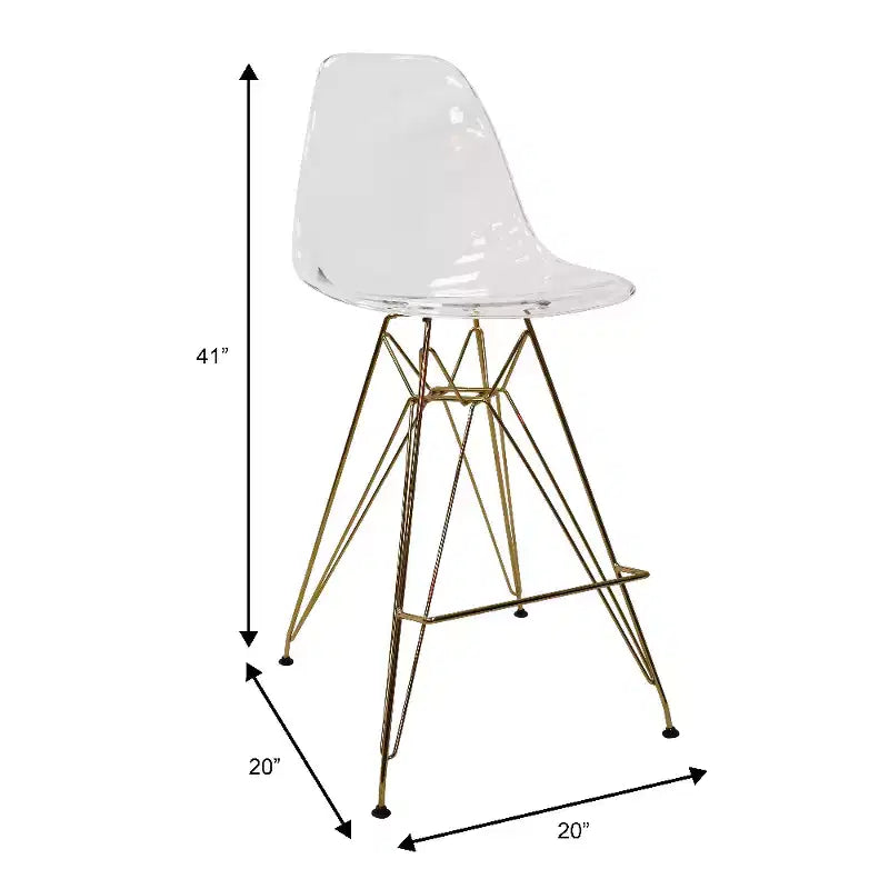 Tabouret de comptoir en acrylique transparent, base en acier doré, sans accoudoirs, dossier mi-hauteur, lot de 2
