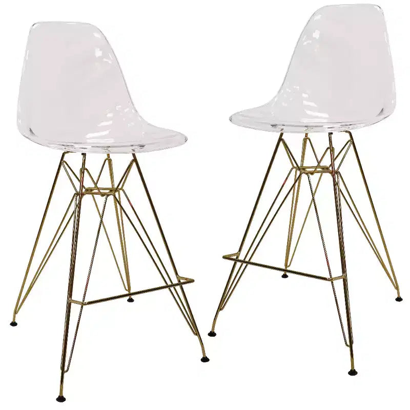 LeisureMod Cresco Modern Acrylic Bar Stool  Gold Steel Base and Footrest Counter Height Chair for Kitchen, Breakfast Bar, or Dining Area Set of 2
