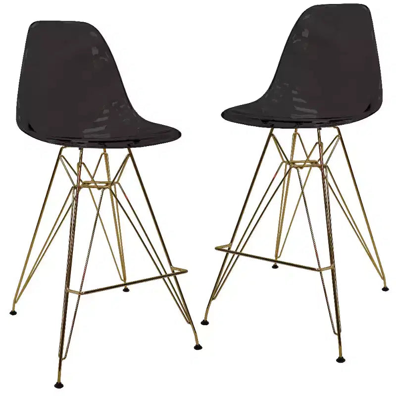 Tabouret de comptoir en acrylique transparent, base en acier doré, sans accoudoirs, dossier mi-hauteur, lot de 2