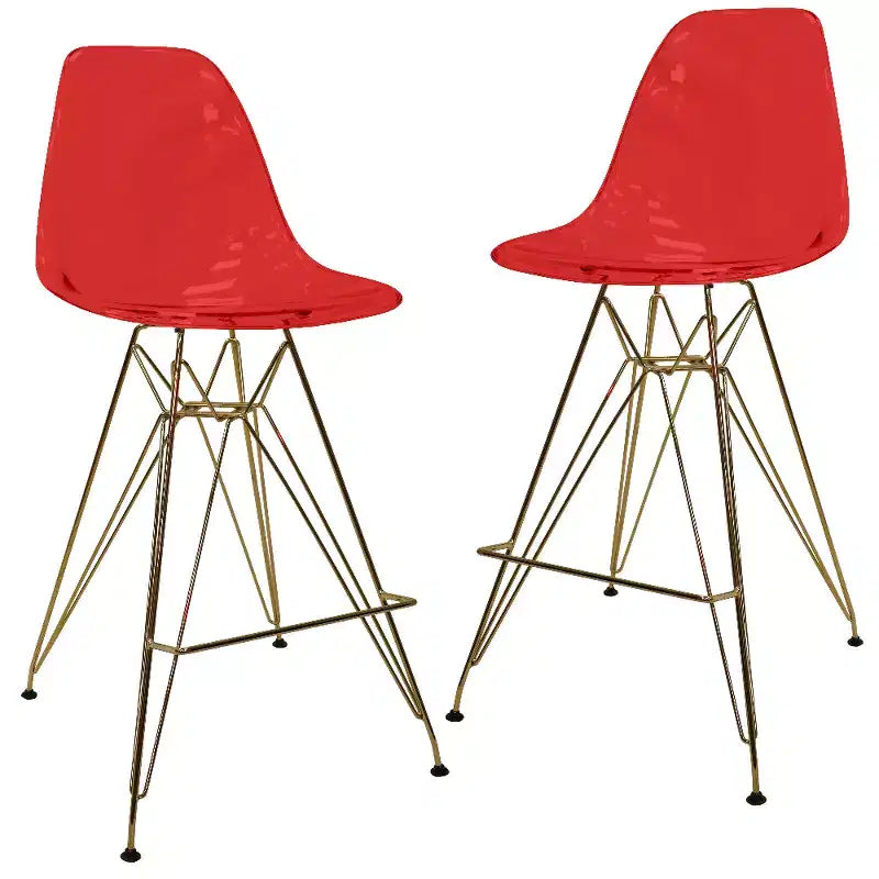 Tabouret de comptoir en acrylique transparent, base en acier doré, sans accoudoirs, dossier mi-hauteur, lot de 2