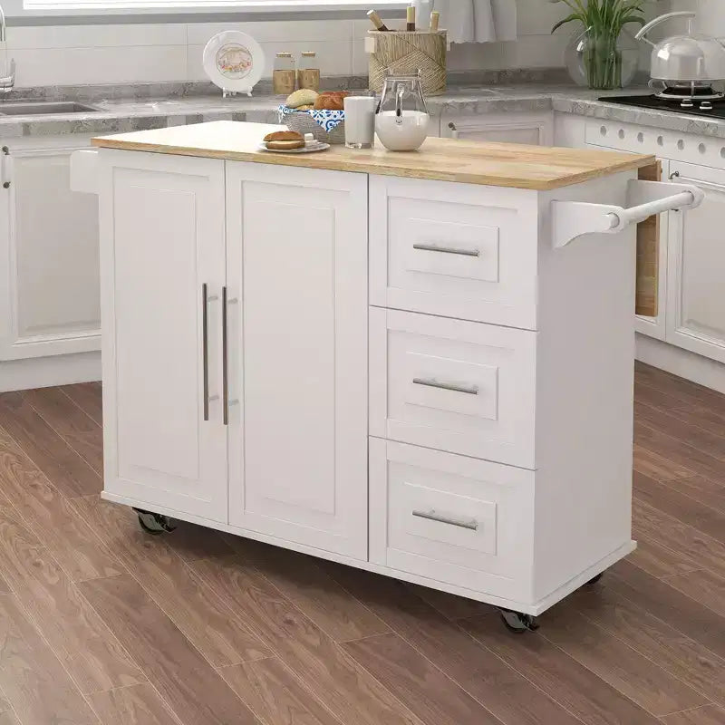 Chariot de cuisine blanc avec plateau extensible, porte-épices et porte-serviettes