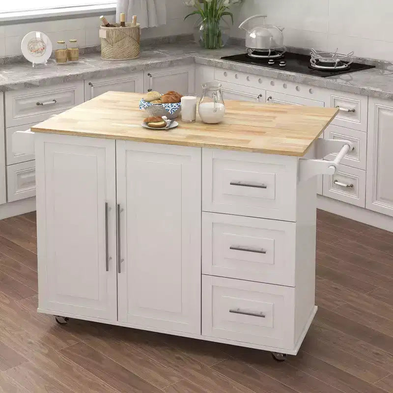 Chariot de cuisine blanc avec plateau extensible, porte-épices et porte-serviettes
