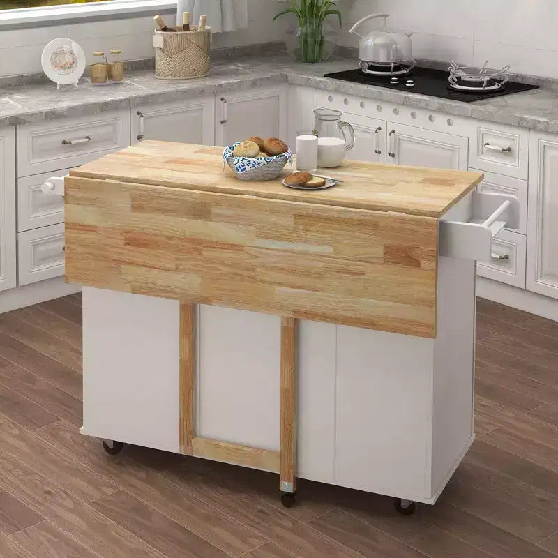 Chariot de cuisine blanc avec plateau extensible, porte-épices et porte-serviettes