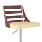 Tabouret de bar haut à dossier en similicuir crème, chrome et noyer, 1 place