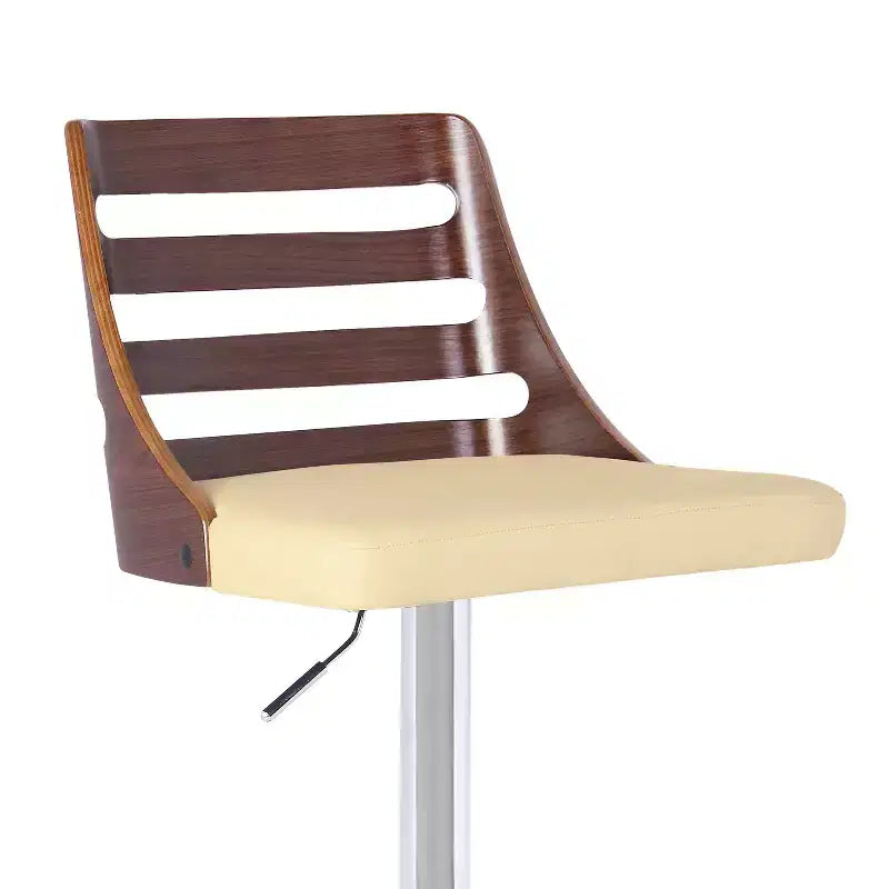 Tabouret de bar haut à dossier en similicuir crème, chrome et noyer, 1 place