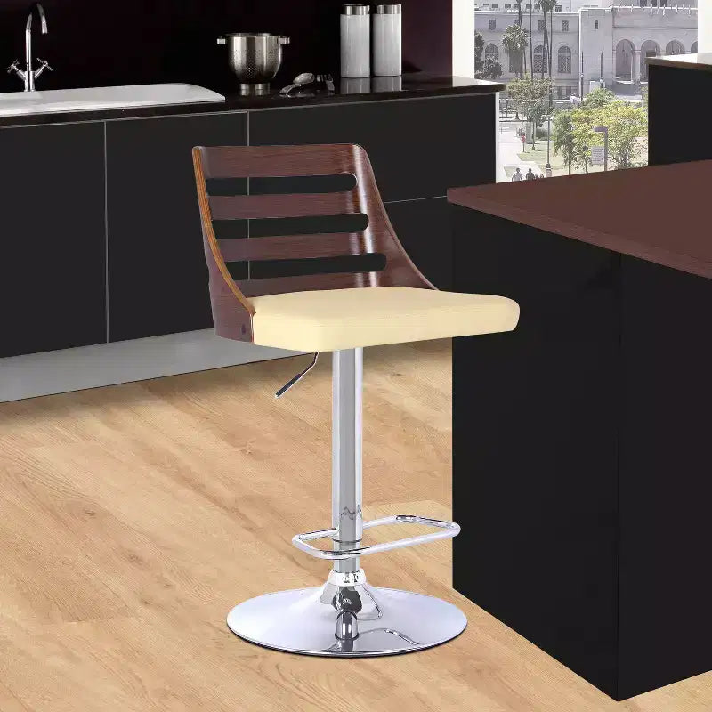 Tabouret de bar haut à dossier en similicuir crème, chrome et noyer, 1 place