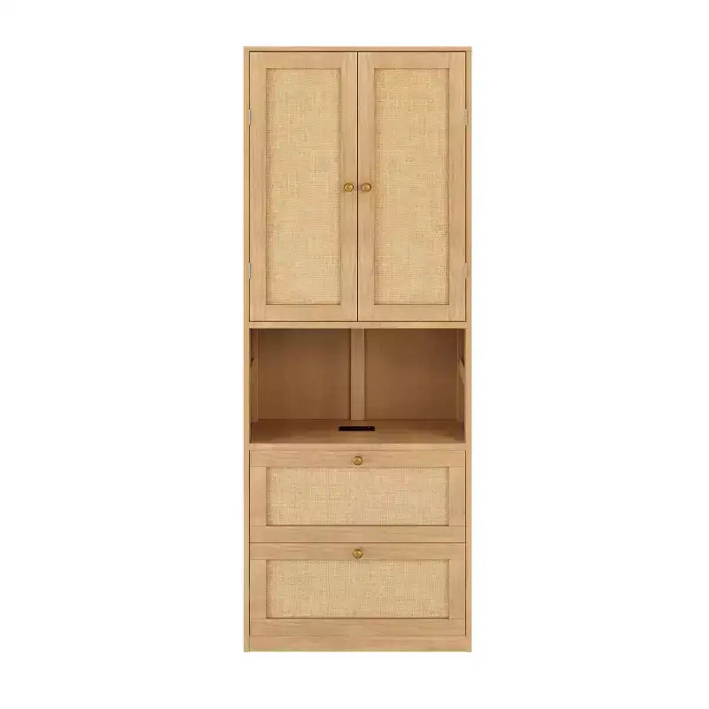 2 Doors Bookshelf with USB Port and 3 Drawers Side Cabinet Storage Shelves, Natural