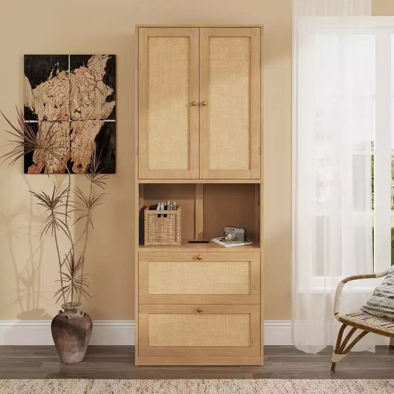 Bibliothèque à 2 portes avec port USB et armoire latérale à 3 tiroirs, étagères de rangement, Naturel