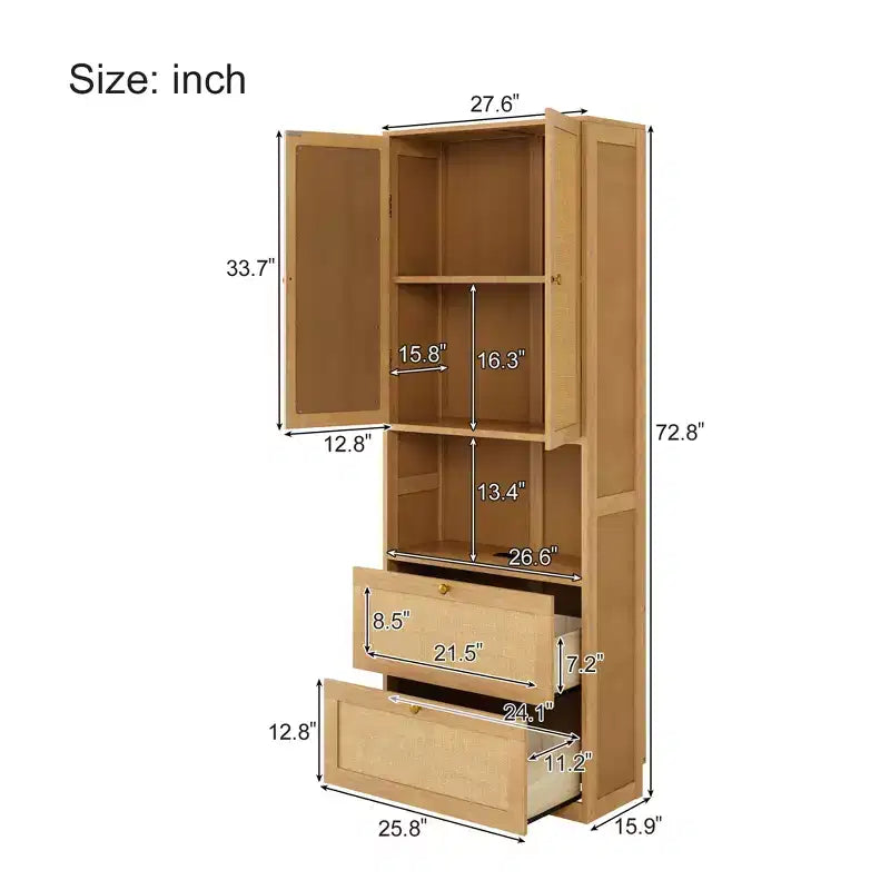 Bibliothèque à 2 portes avec port USB et armoire latérale à 3 tiroirs, étagères de rangement, Naturel