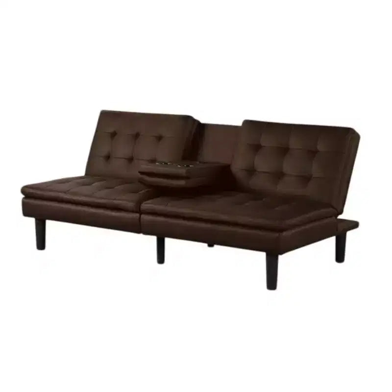 Canapé-lit futon en faux cuir marron, table rabattable et porte-gobelets, 2 places