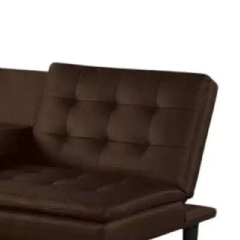 Canapé-lit futon en faux cuir marron, table rabattable et porte-gobelets, 2 places