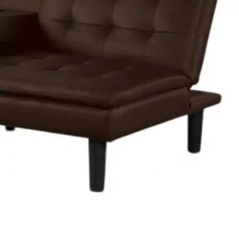 Canapé-lit futon en faux cuir marron, table rabattable et porte-gobelets, 2 places