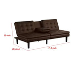 Canapé-lit futon en faux cuir marron, table rabattable et porte-gobelets, 2 places