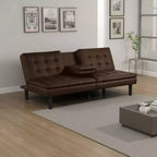 Canapé-lit futon en faux cuir marron, table rabattable et porte-gobelets, 2 places