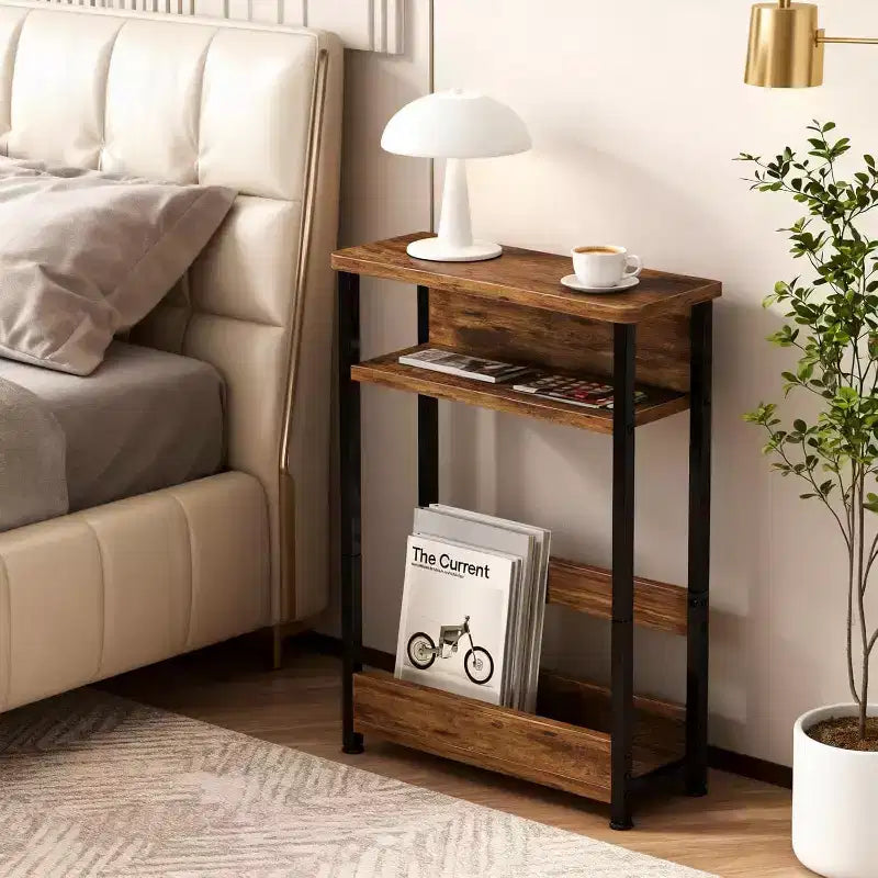 Table d'appoint étroite à 3 niveaux, Noir/Rayures Tigre/Noyer, Table d'appoint mince avec étagère de rangement