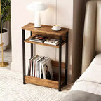 Table d'appoint étroite à 3 niveaux, Noir/Rayures Tigre/Noyer, Table d'appoint mince avec étagère de rangement