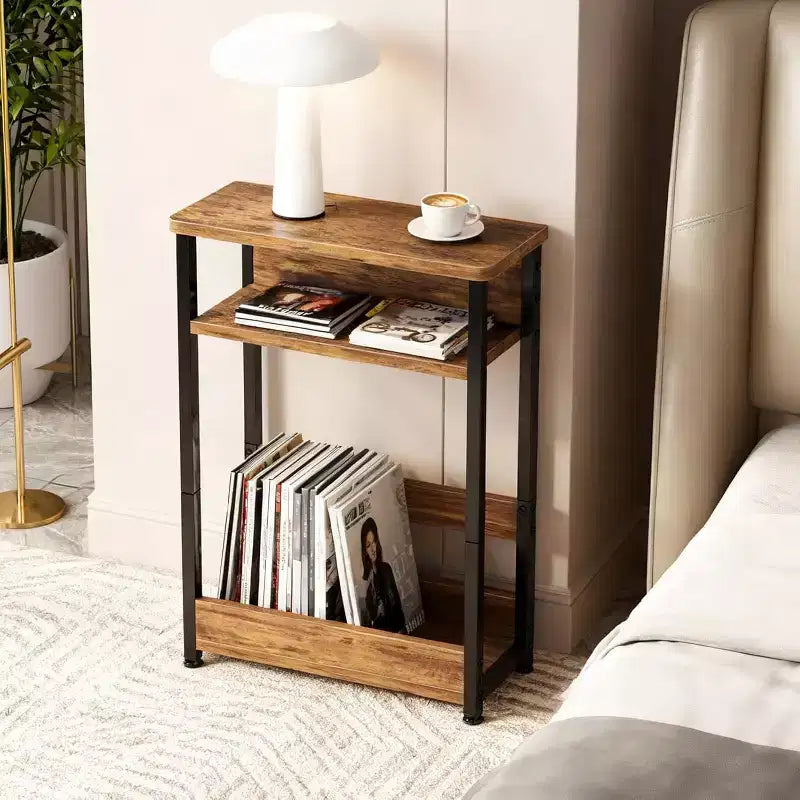 Table d'appoint étroite à 3 niveaux, Noir/Rayures Tigre/Noyer, Table d'appoint mince avec étagère de rangement