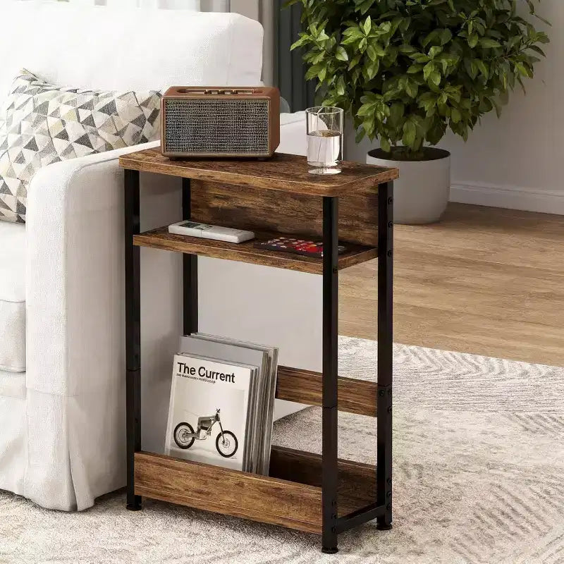 Table d'appoint étroite à 3 niveaux, Noir/Rayures Tigre/Noyer, Table d'appoint mince avec étagère de rangement