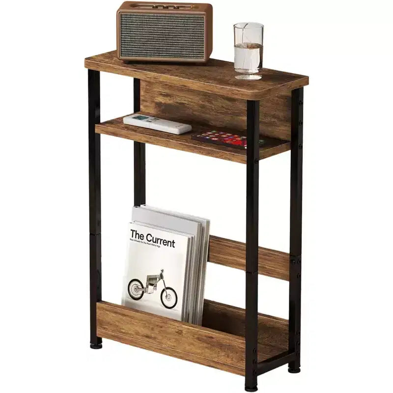 Table d'appoint étroite à 3 niveaux, Noir/Rayures Tigre/Noyer, Table d'appoint mince avec étagère de rangement