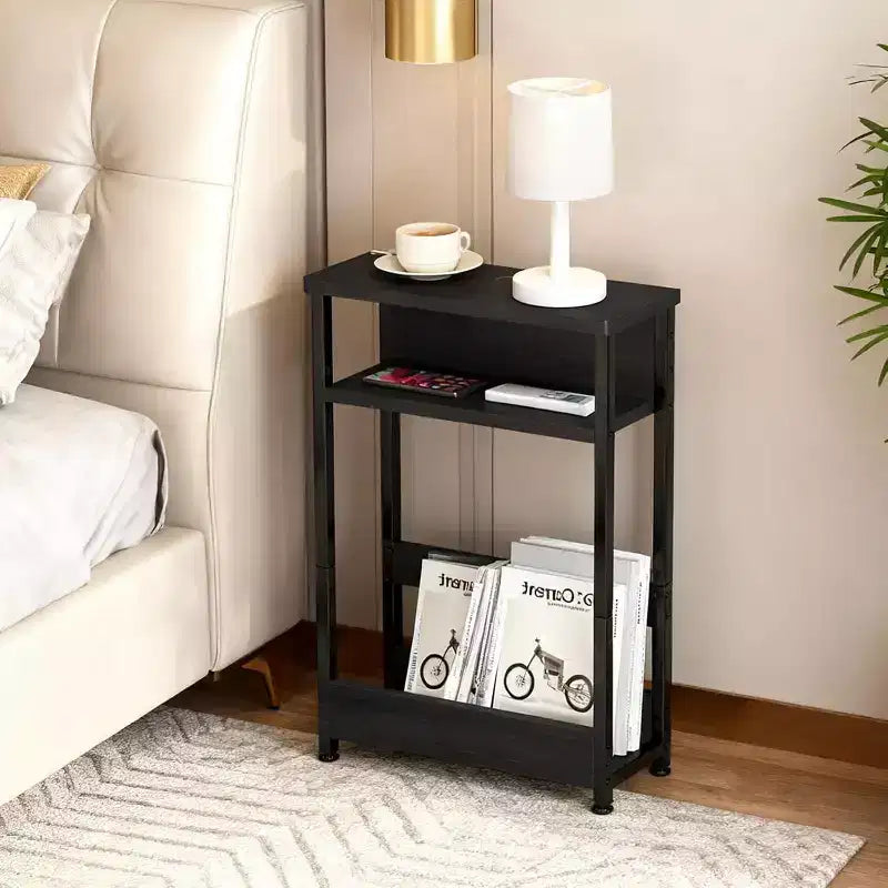 Table d'appoint étroite à 3 niveaux, Noir/Rayures Tigre/Noyer, Table d'appoint mince avec étagère de rangement