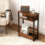 Table d'appoint étroite à 3 niveaux, Noir/Rayures Tigre/Noyer, Table d'appoint mince avec étagère de rangement