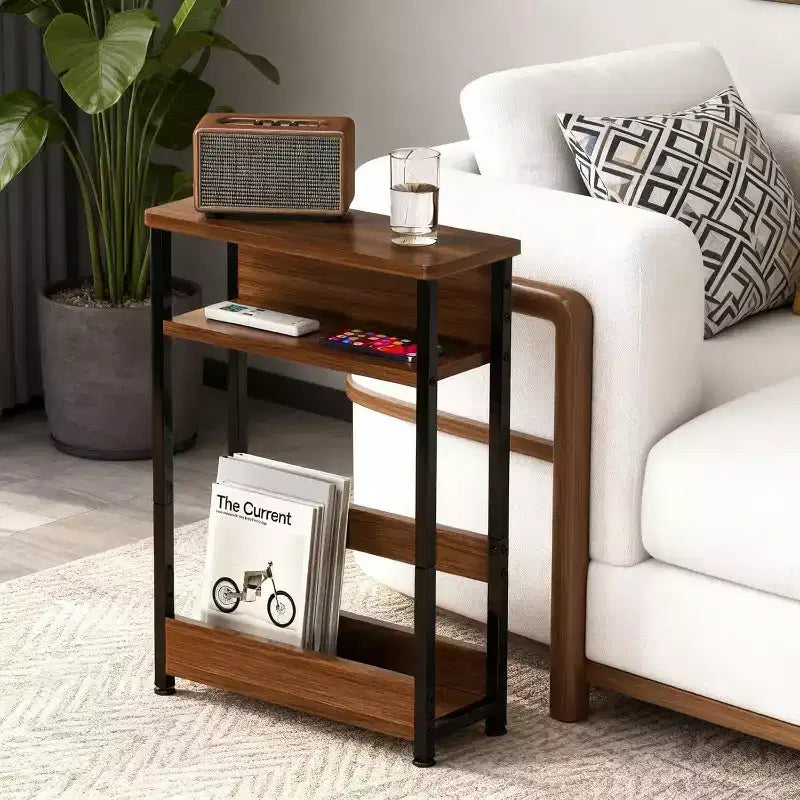 Table d'appoint étroite à 3 niveaux, Noir/Rayures Tigre/Noyer, Table d'appoint mince avec étagère de rangement