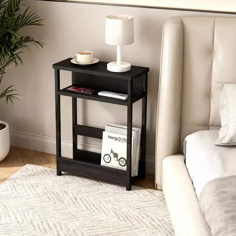 Table d'appoint étroite à 3 niveaux, Noir/Rayures Tigre/Noyer, Table d'appoint mince avec étagère de rangement