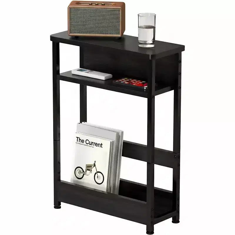 Table d'appoint étroite à 3 niveaux, Noir/Rayures Tigre/Noyer, Table d'appoint mince avec étagère de rangement