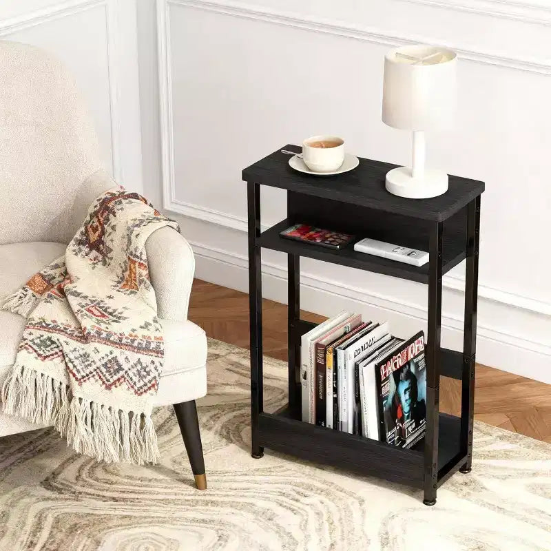 Table d'appoint étroite à 3 niveaux, Noir/Rayures Tigre/Noyer, Table d'appoint mince avec étagère de rangement