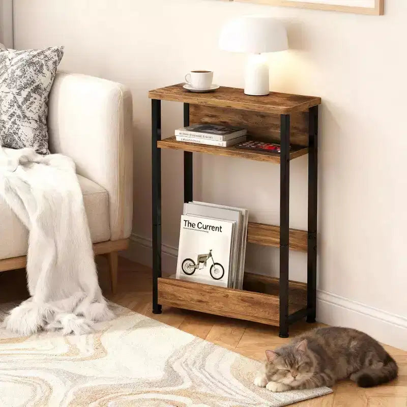 Table d'appoint étroite à 3 niveaux, Noir/Rayures Tigre/Noyer, Table d'appoint mince avec étagère de rangement