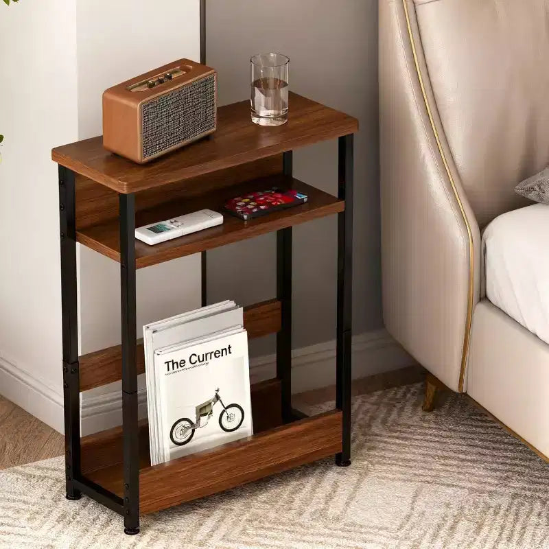 Table d'appoint étroite à 3 niveaux, Noir/Rayures Tigre/Noyer, Table d'appoint mince avec étagère de rangement