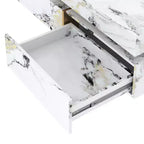 Table basse carrée blanche avec 4 tiroirs, plateau en faux marbre, piètement tréteau doré