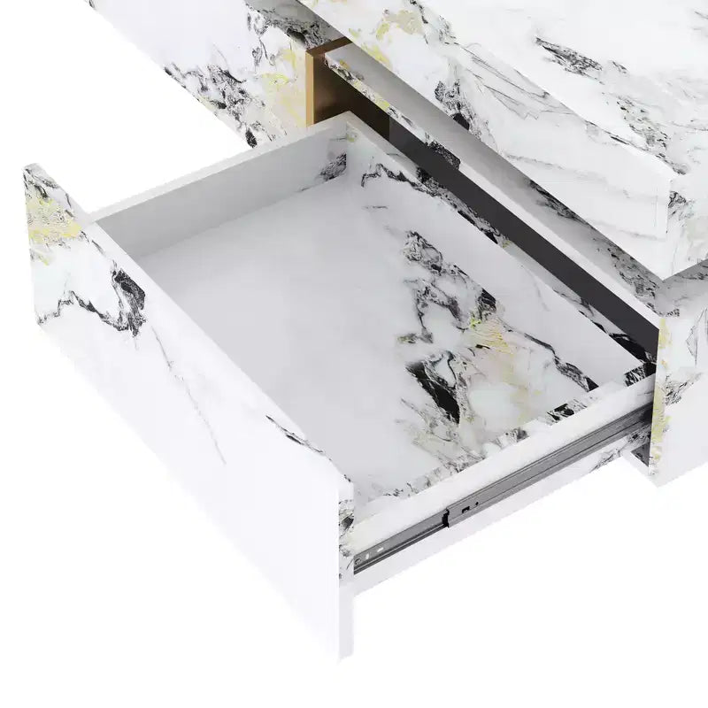 Table basse carrée blanche avec 4 tiroirs, plateau en faux marbre, piètement tréteau doré