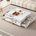Table basse carrée blanche avec 4 tiroirs, plateau en faux marbre, piètement tréteau doré