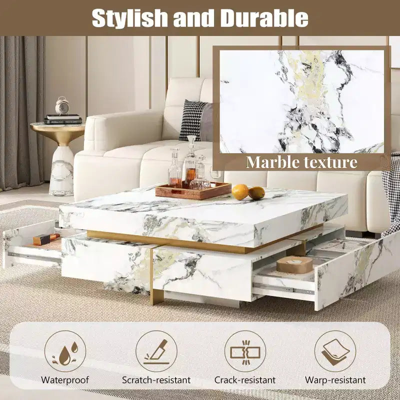 Table basse carrée blanche avec 4 tiroirs, plateau en faux marbre, piètement tréteau doré