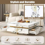 Table basse carrée blanche avec 4 tiroirs, plateau en faux marbre, piètement tréteau doré